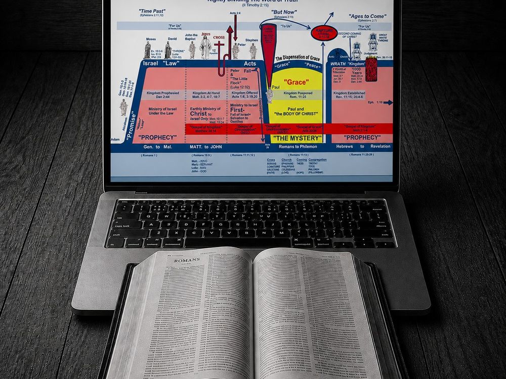 An open Bible in front of a laptop showing a chart on rightly dividing the Word of truth
